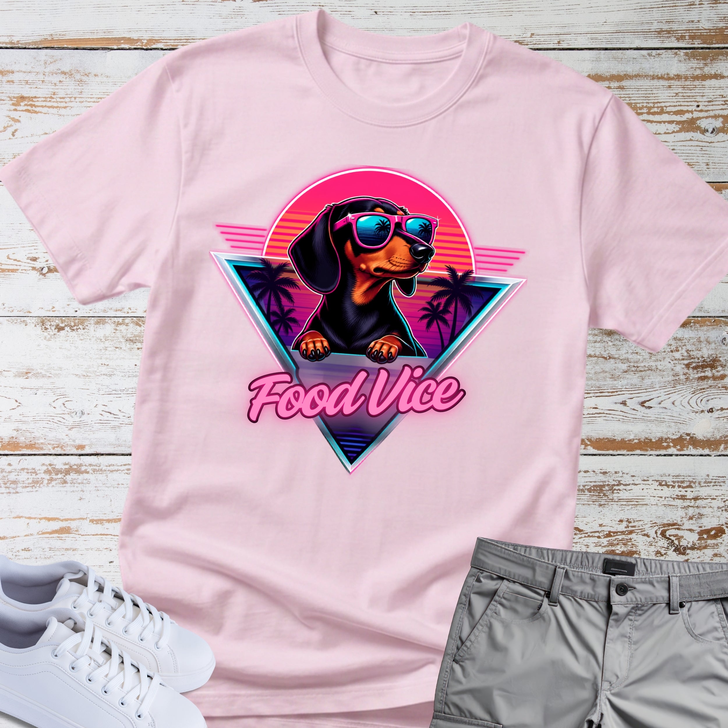 Dachshund Retro Tee — "Food Vice" Sunglasses Dog Graphic
