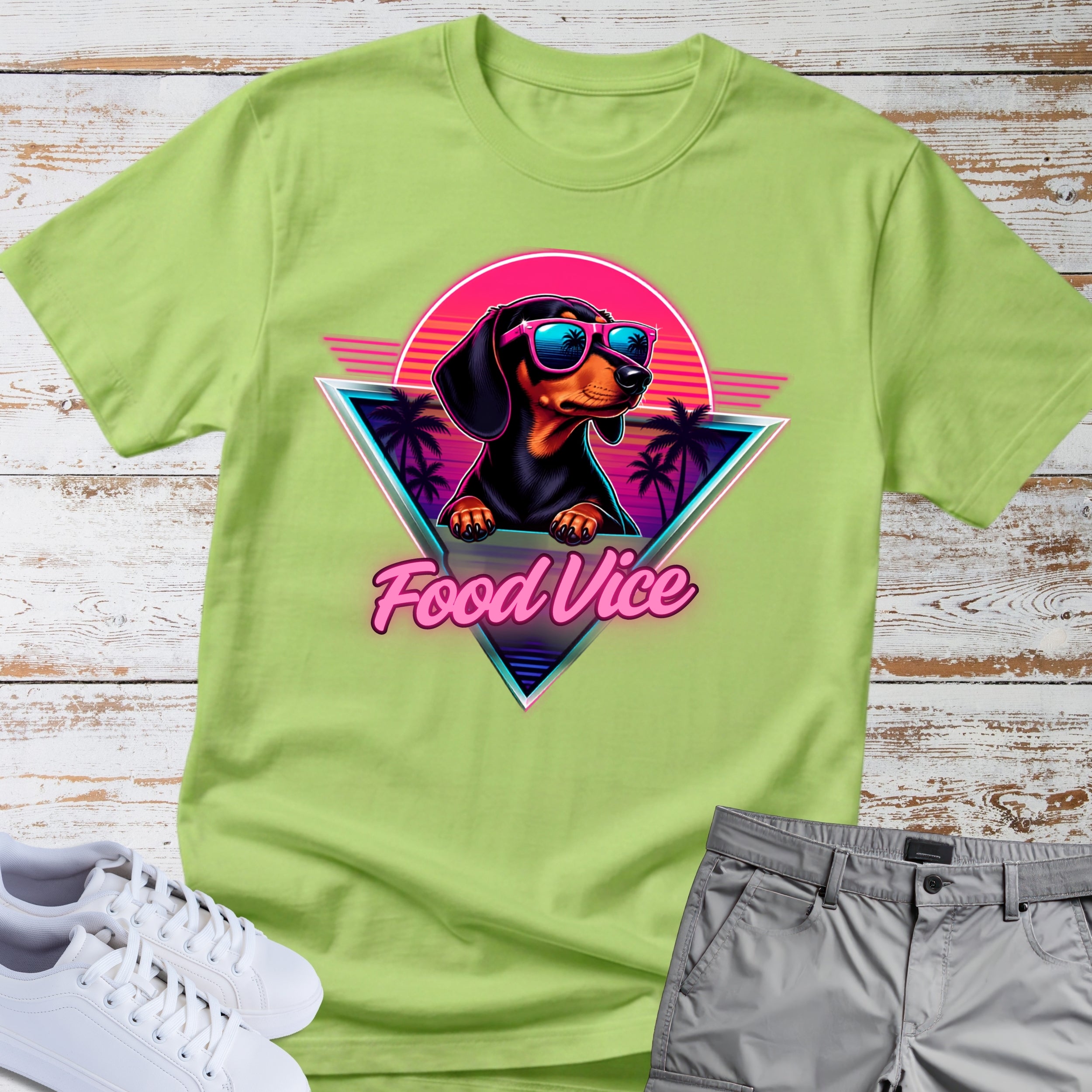 Dachshund Retro Tee — "Food Vice" Sunglasses Dog Graphic