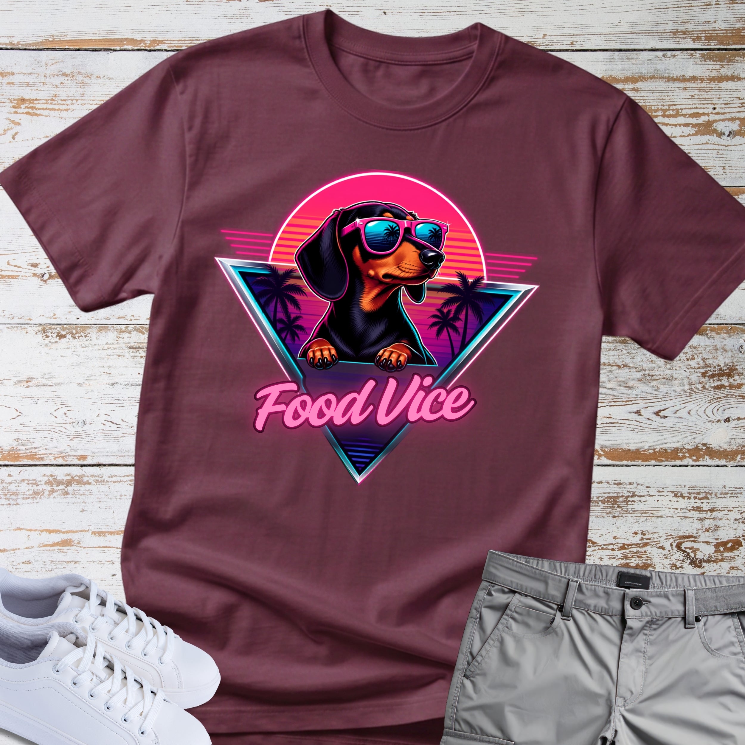 Dachshund Retro Tee — "Food Vice" Sunglasses Dog Graphic