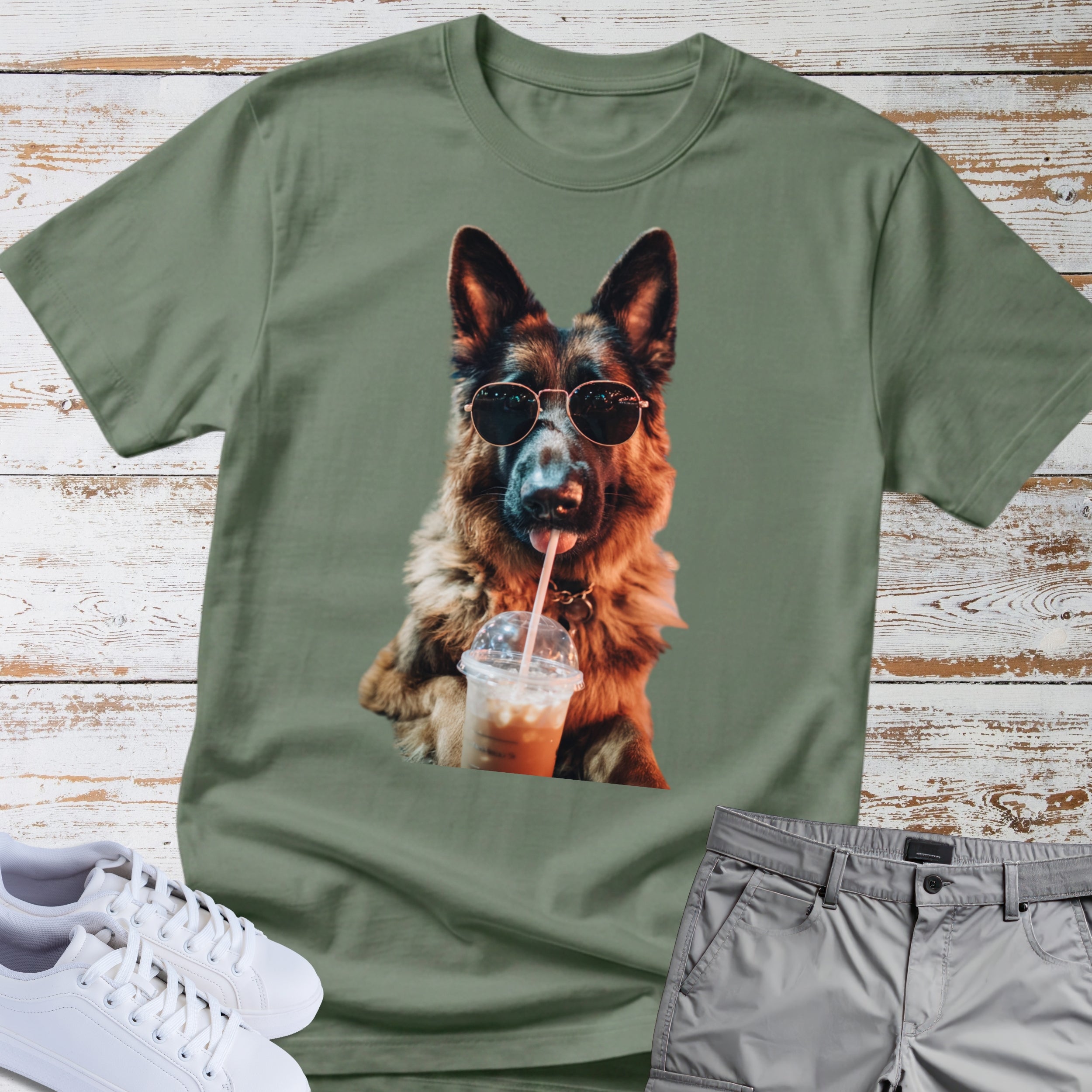 German Shepherd Drinking Iced Coffee T-Shirt