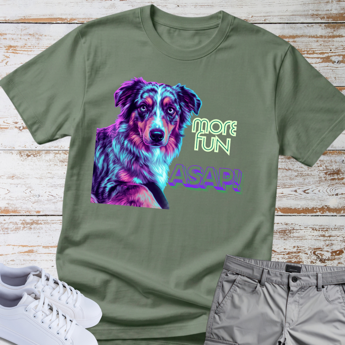 More Fun ASAP! Dog - Colorful Portrait — Australian Shepherd Tee