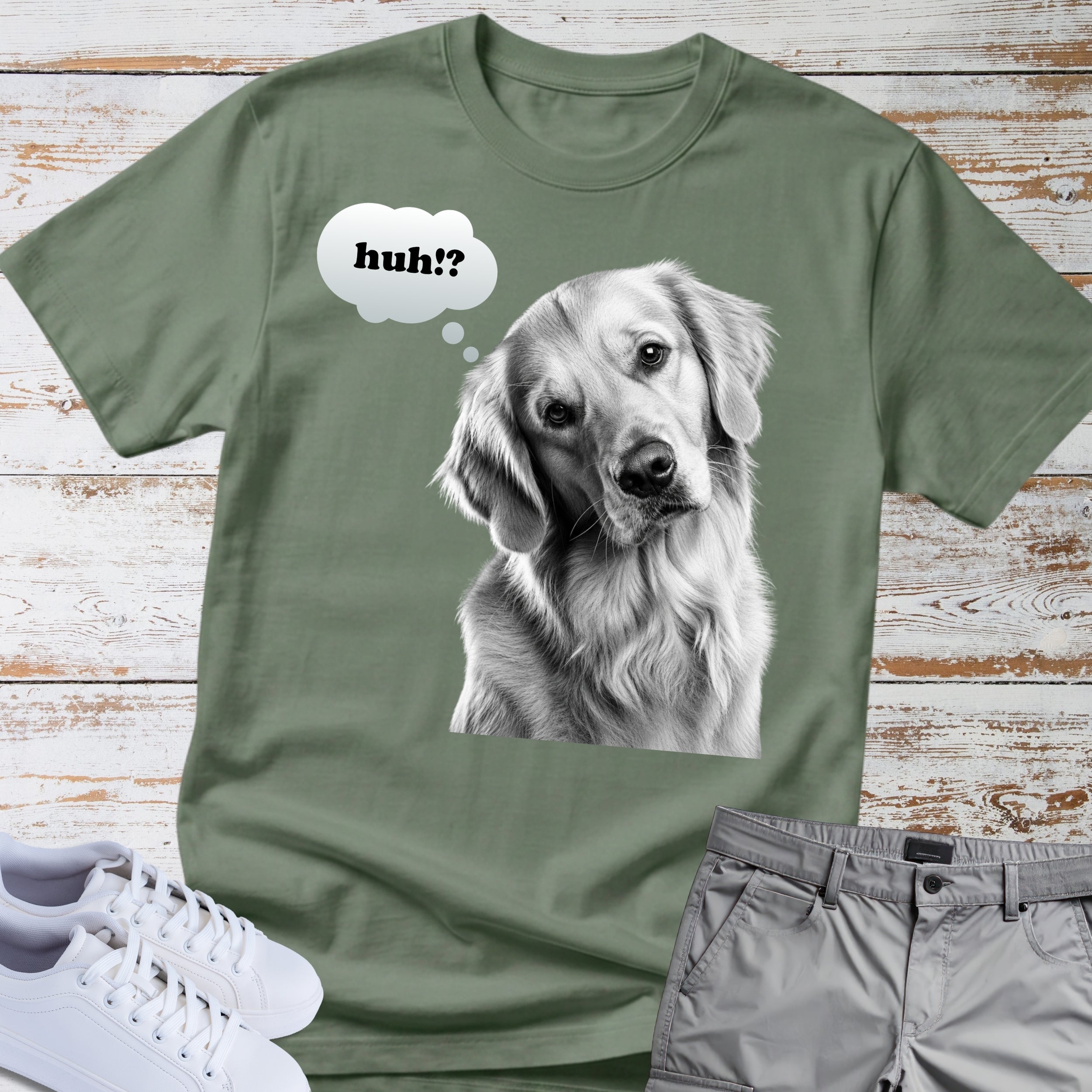 Golden Retriever "huh?" Thought Bubble T-Shirt
