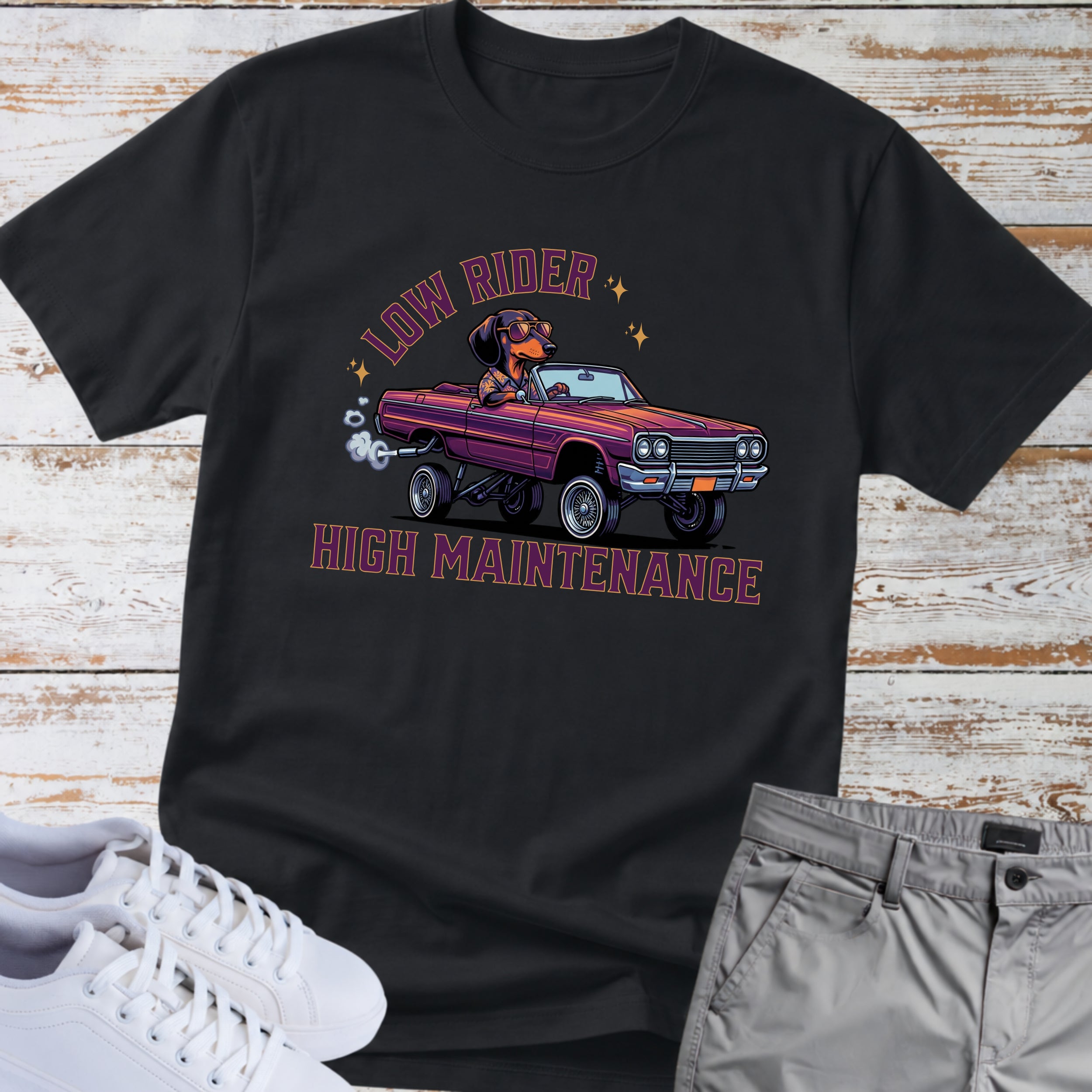 Low Rider High Maintenance - Classic Car Dachshund T-Shirt