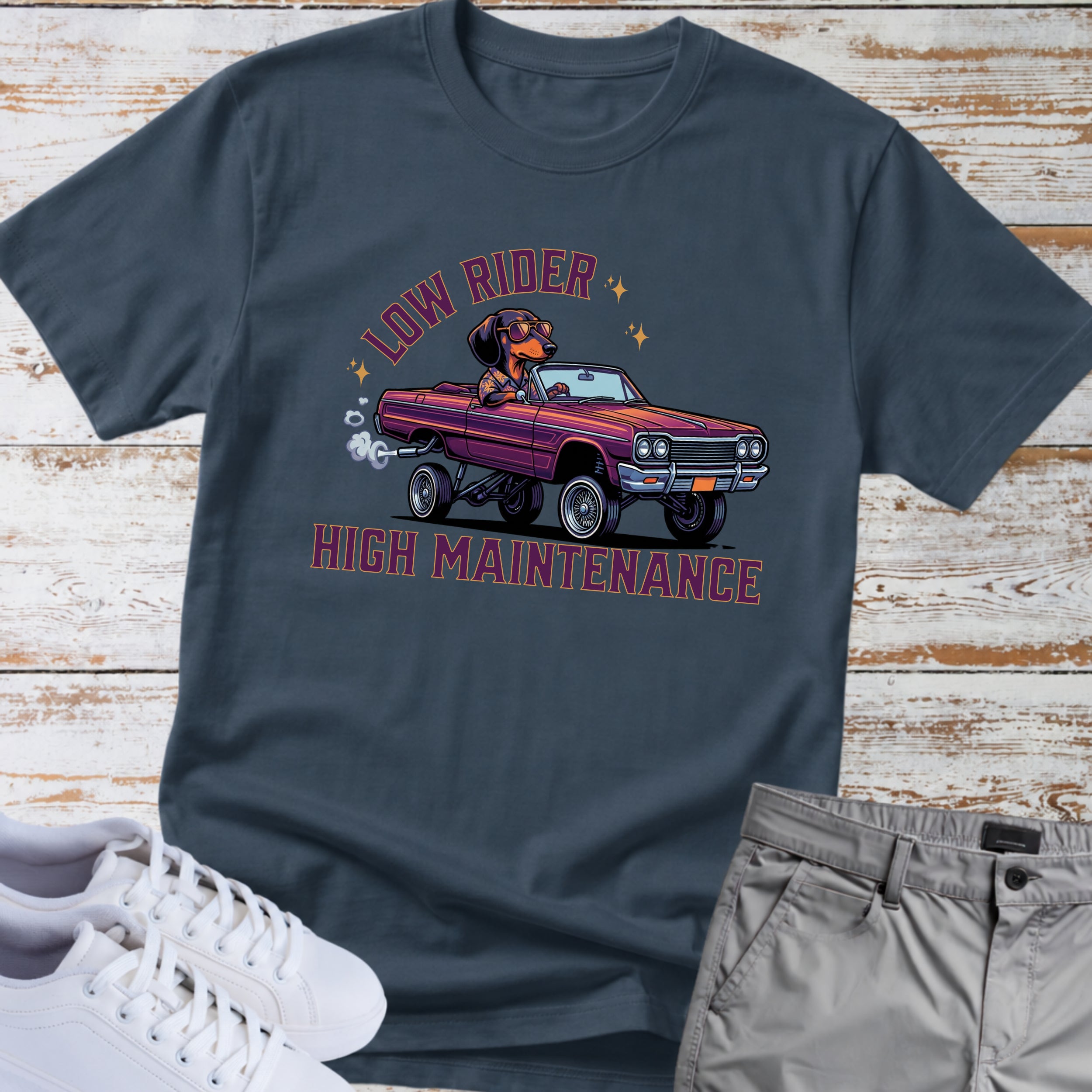 Low Rider High Maintenance - Classic Car Dachshund T-Shirt