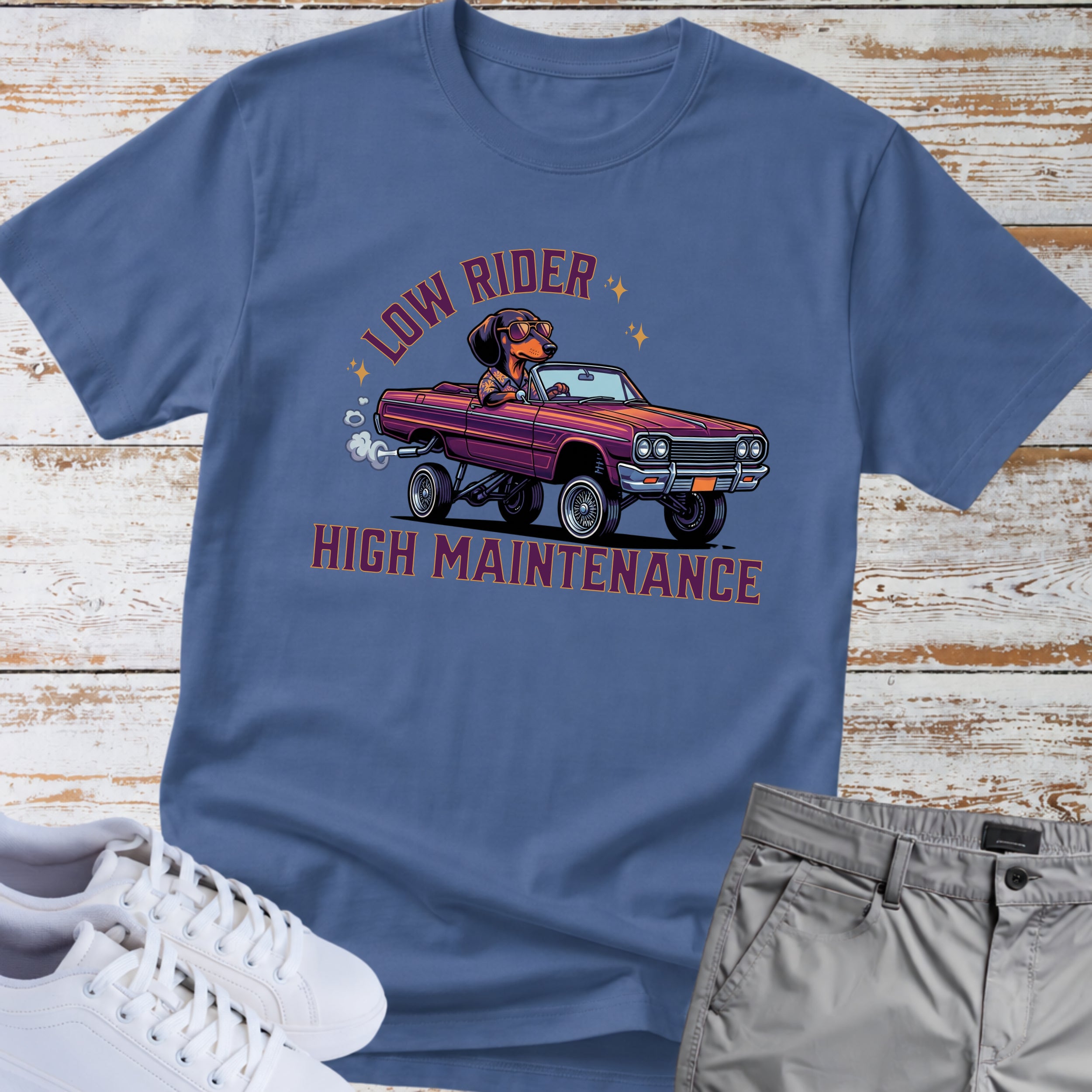 Low Rider High Maintenance - Classic Car Dachshund T-Shirt