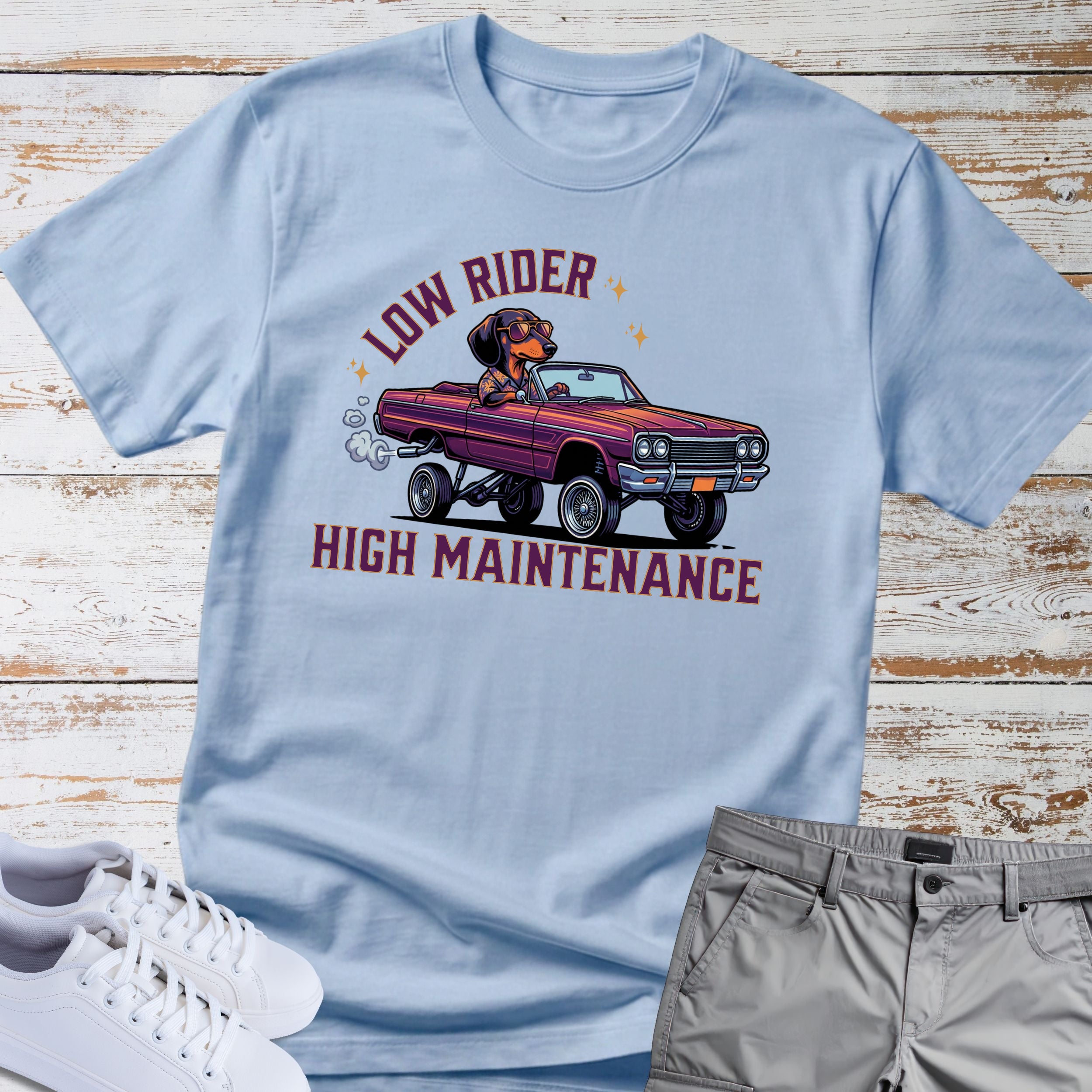 Low Rider High Maintenance - Classic Car Dachshund T-Shirt