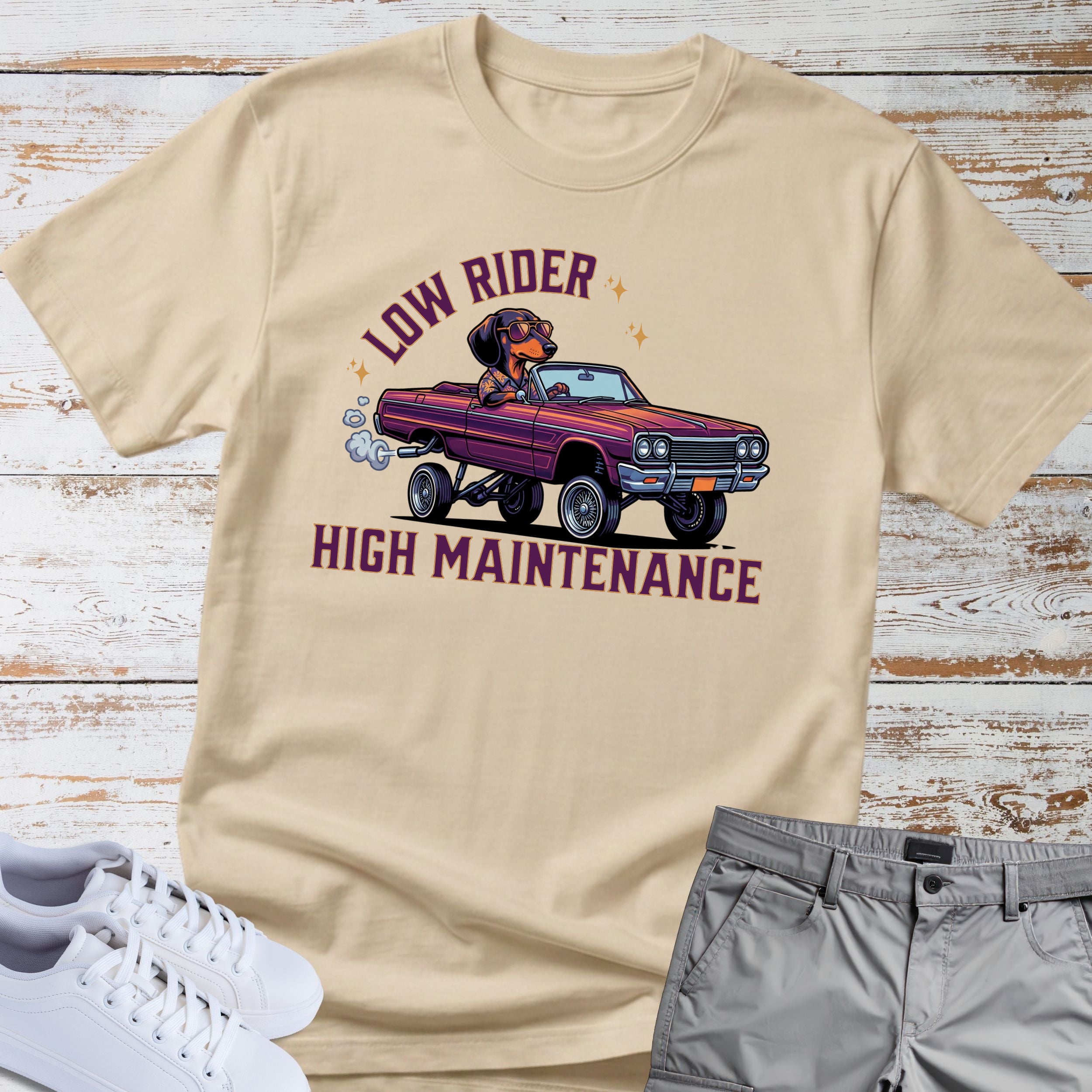 Low Rider High Maintenance - Classic Car Dachshund T-Shirt
