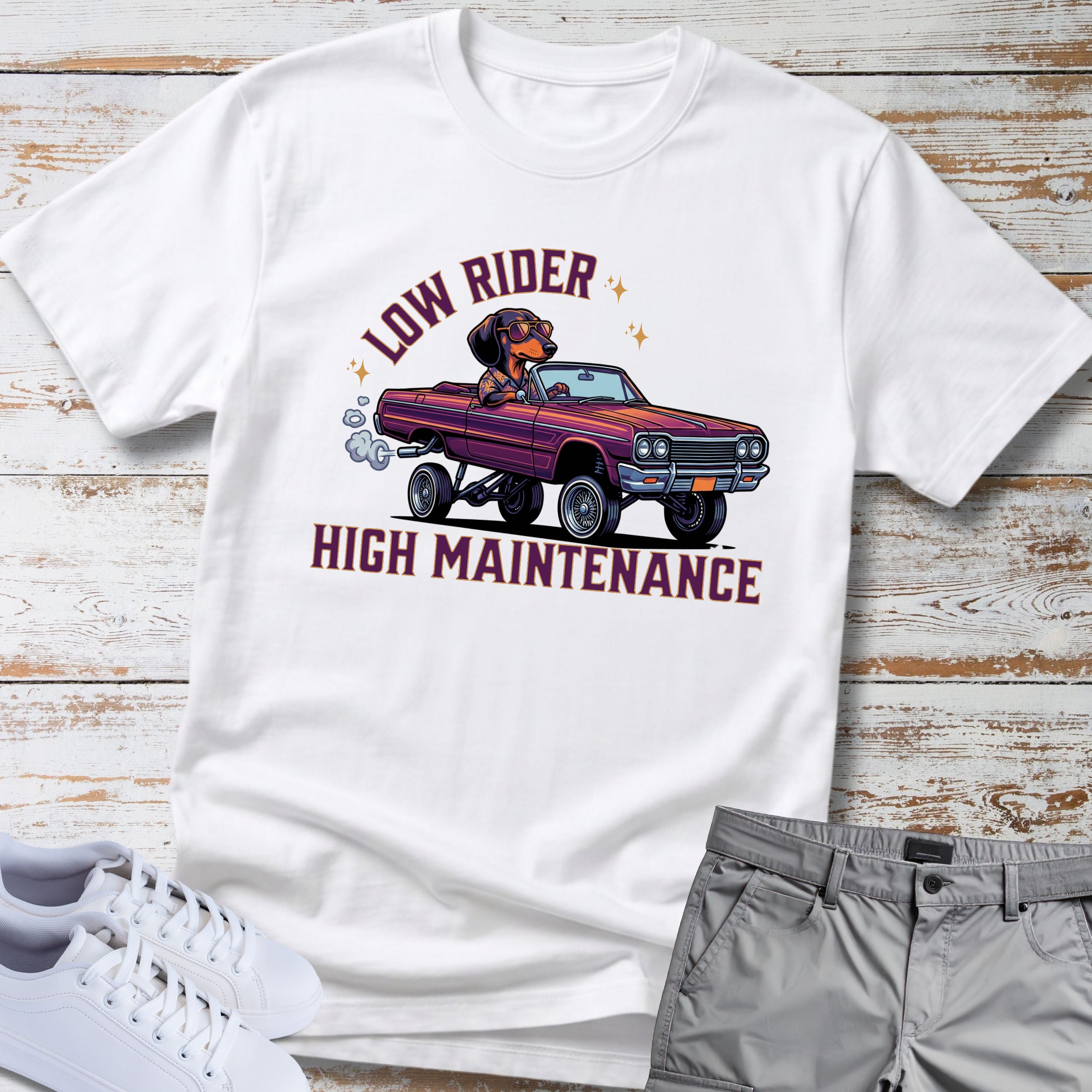 Low Rider High Maintenance - Classic Car Dachshund T-Shirt