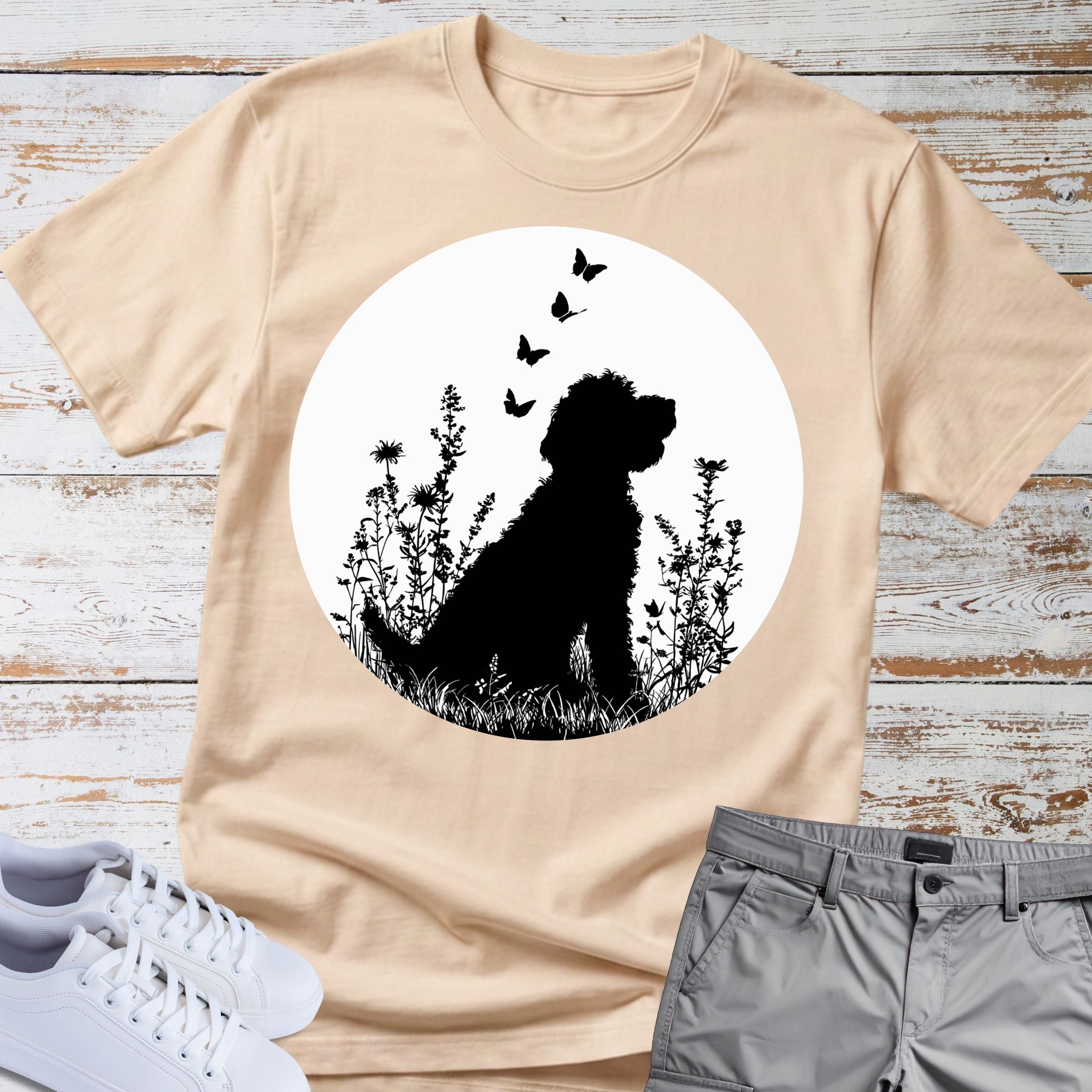 Goldendoodle Silhouette Floral Meadow Butterflies T-Shirt