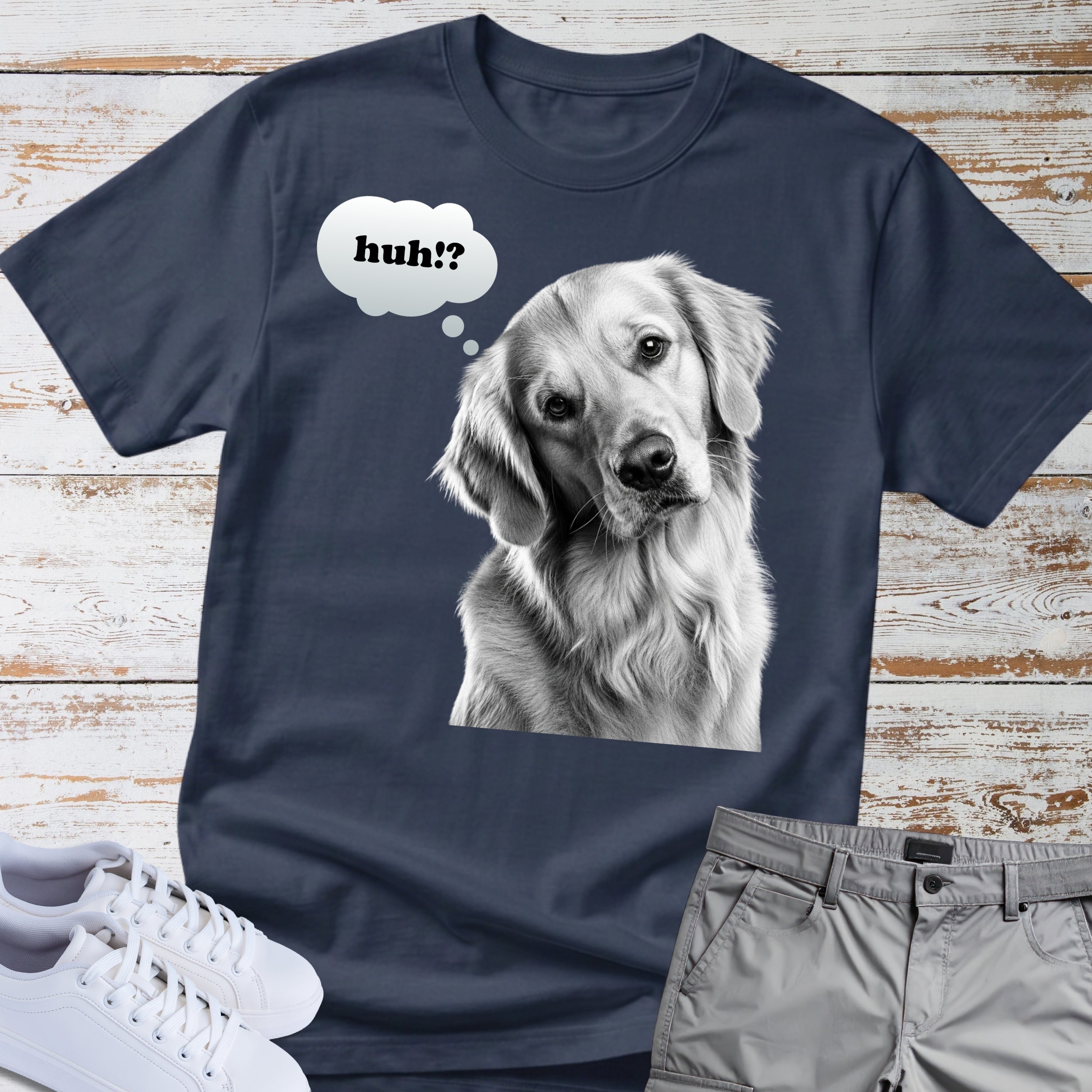Golden Retriever "huh?" Thought Bubble T-Shirt