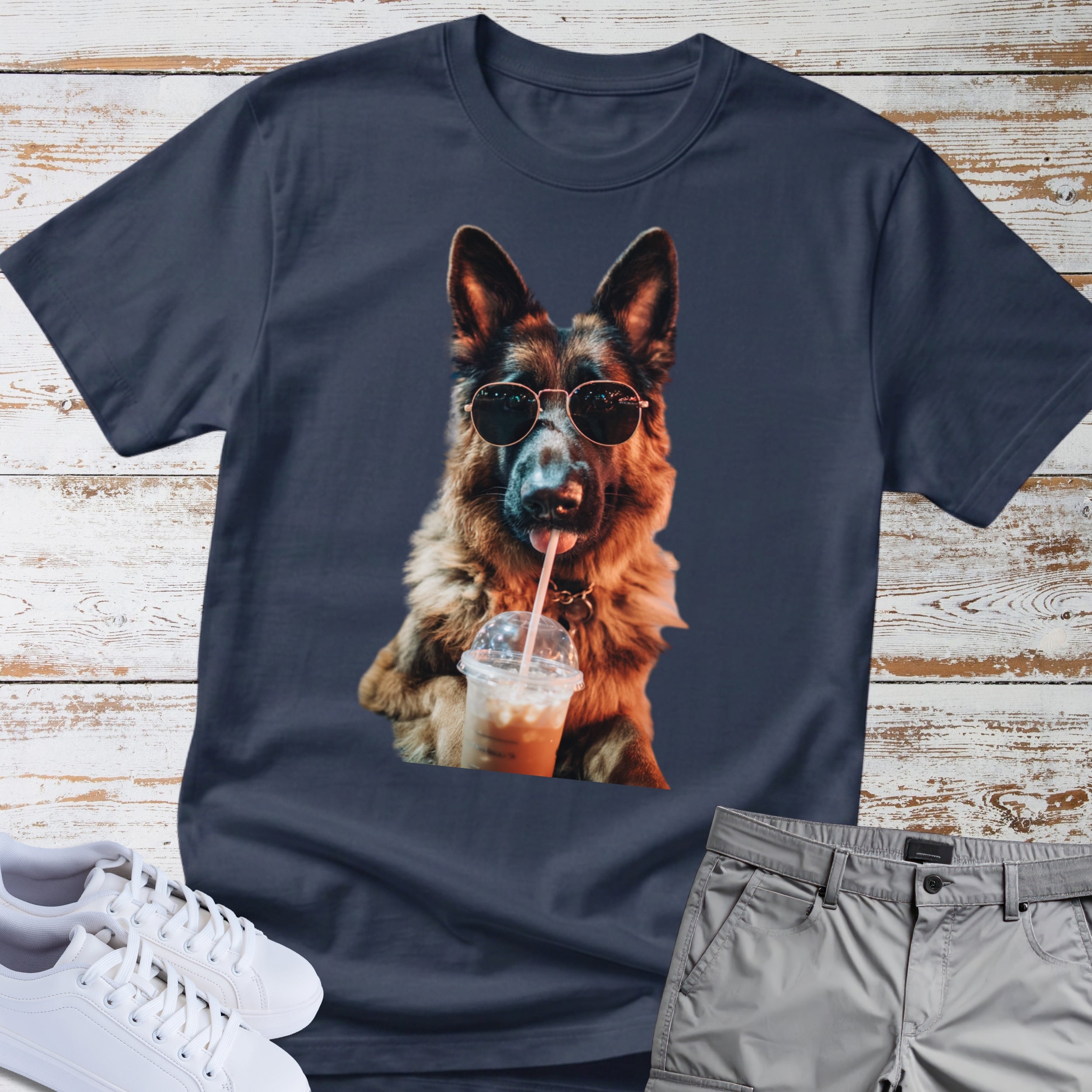 German Shepherd Drinking Iced Coffee T-Shirt