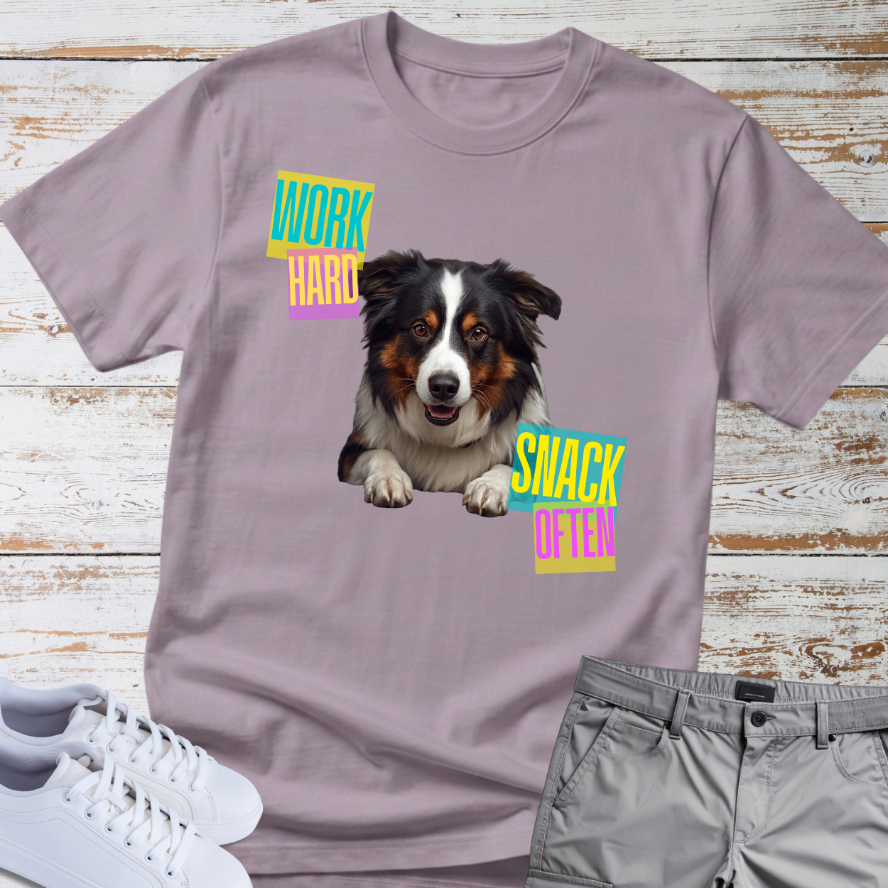 Australian Shepherd 'Work Hard Snack Often' T-Shirt