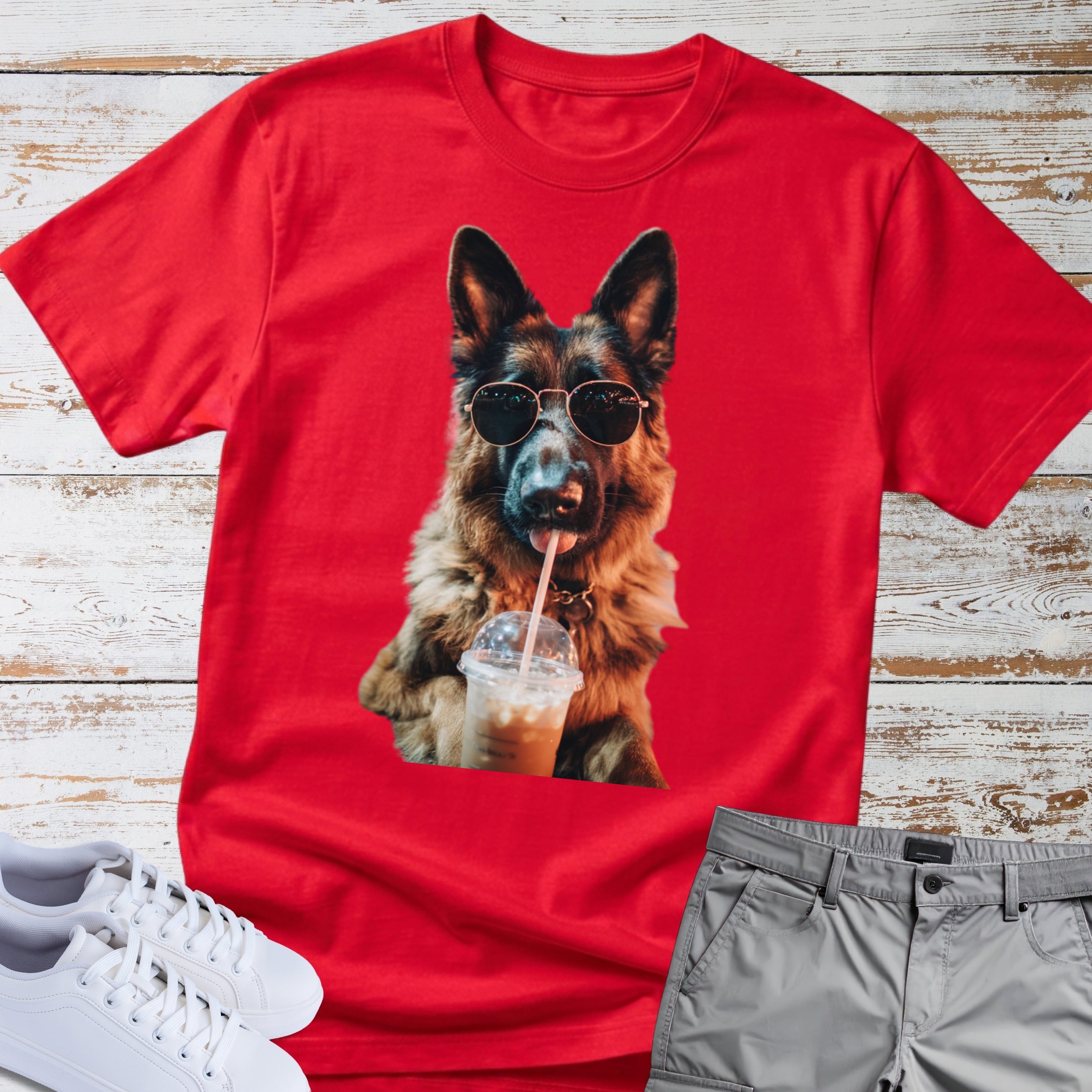 German Shepherd Drinking Iced Coffee T-Shirt