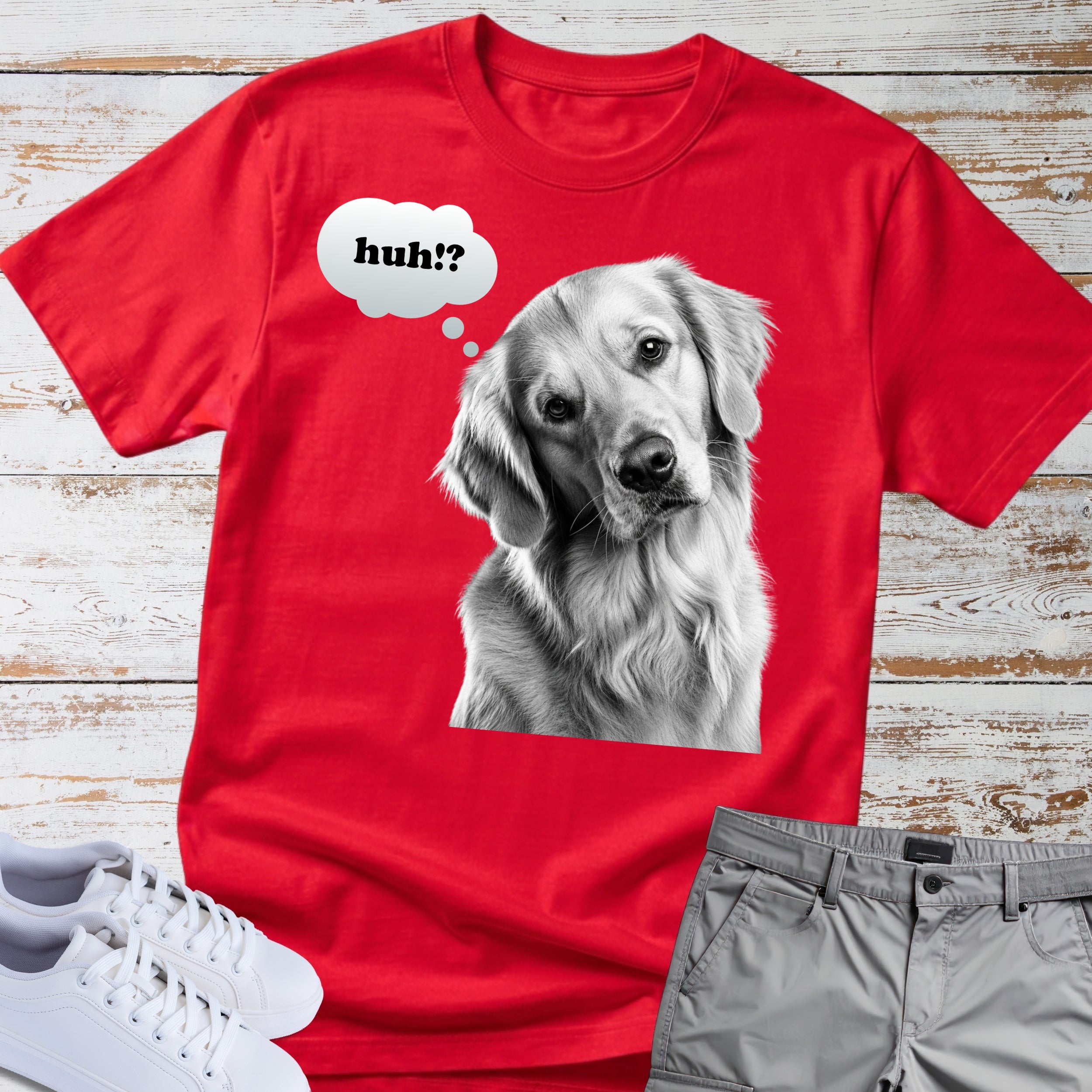 Golden Retriever "huh?" Thought Bubble T-Shirt