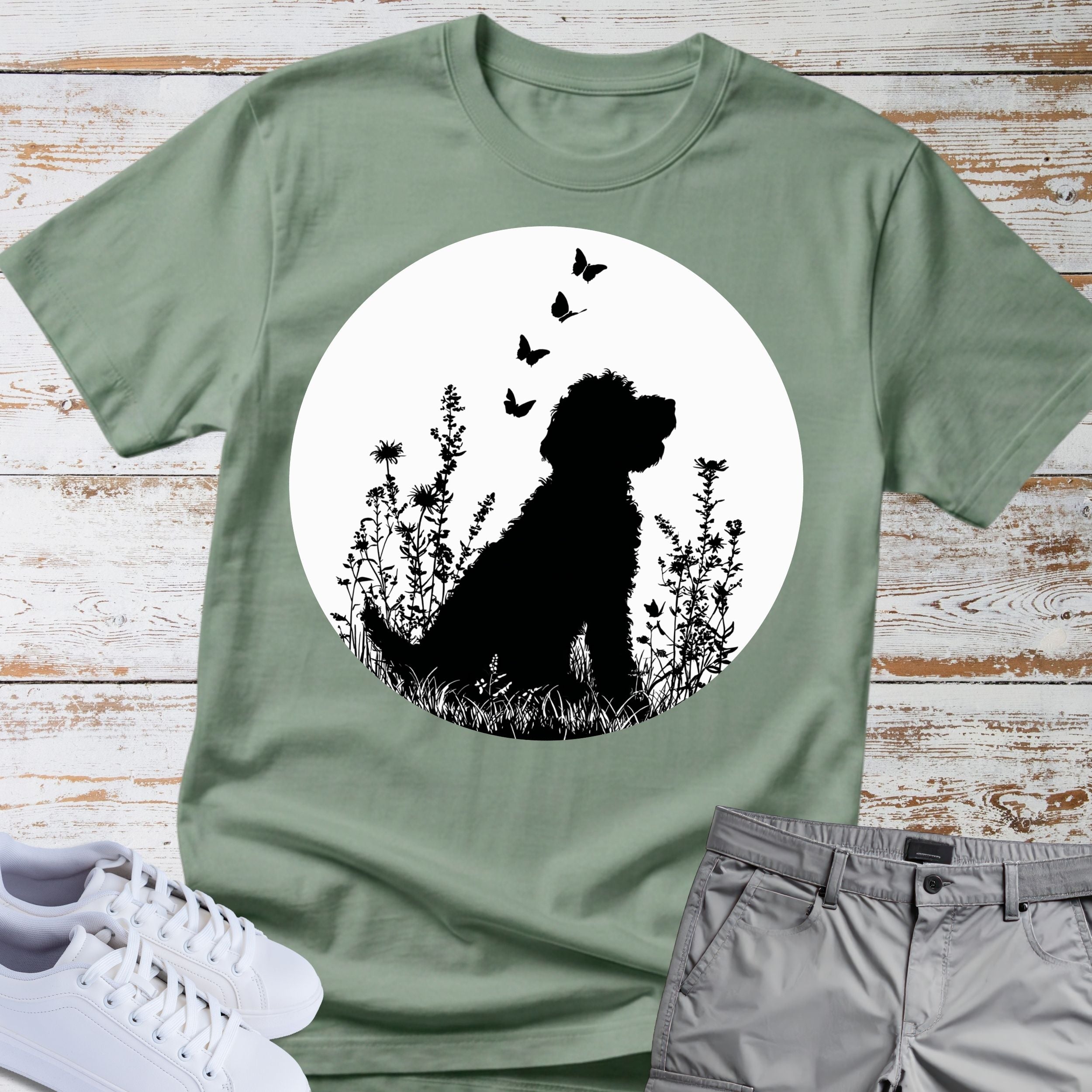 Goldendoodle Silhouette Floral Meadow Butterflies T-Shirt