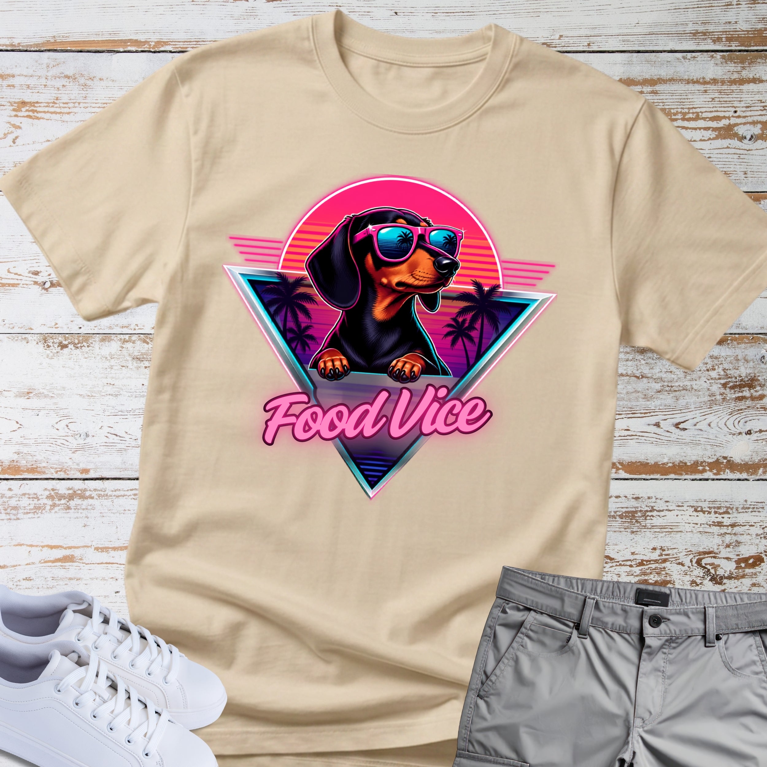 Dachshund Retro Tee — "Food Vice" Sunglasses Dog Graphic