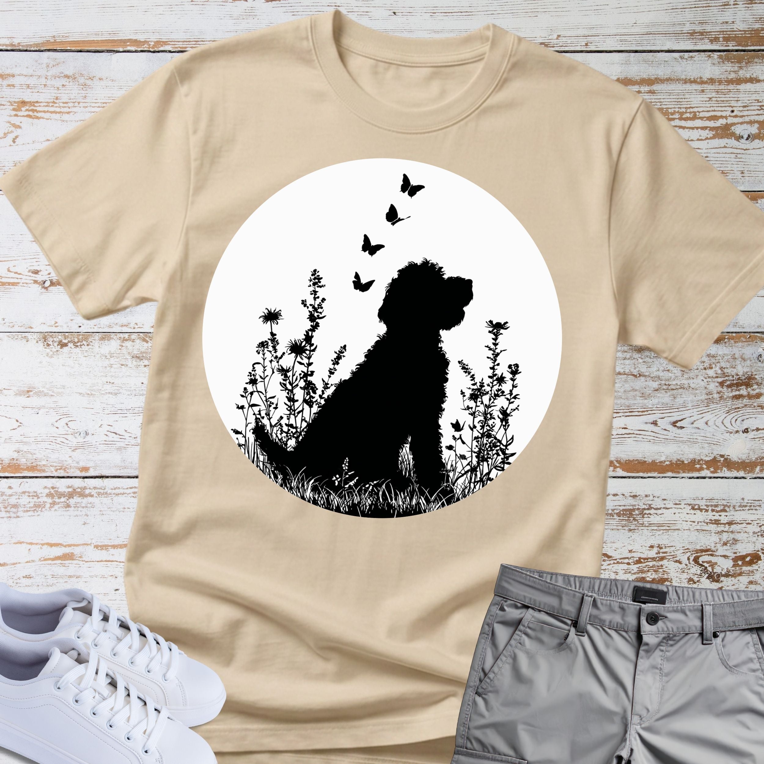 Goldendoodle Silhouette Floral Meadow Butterflies T-Shirt