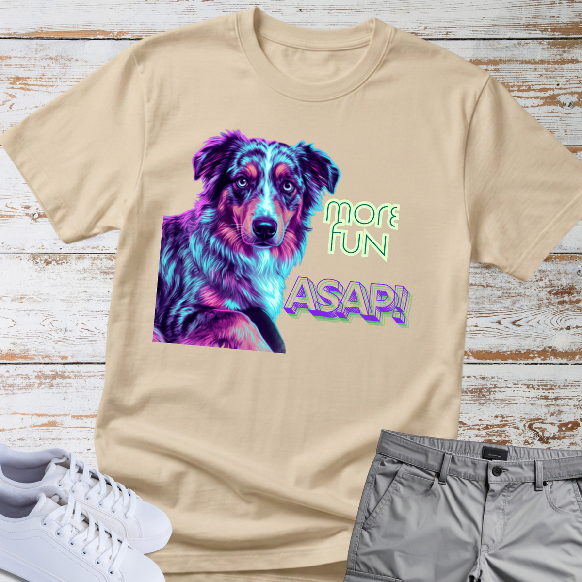More Fun ASAP! Dog - Colorful Portrait — Australian Shepherd Tee