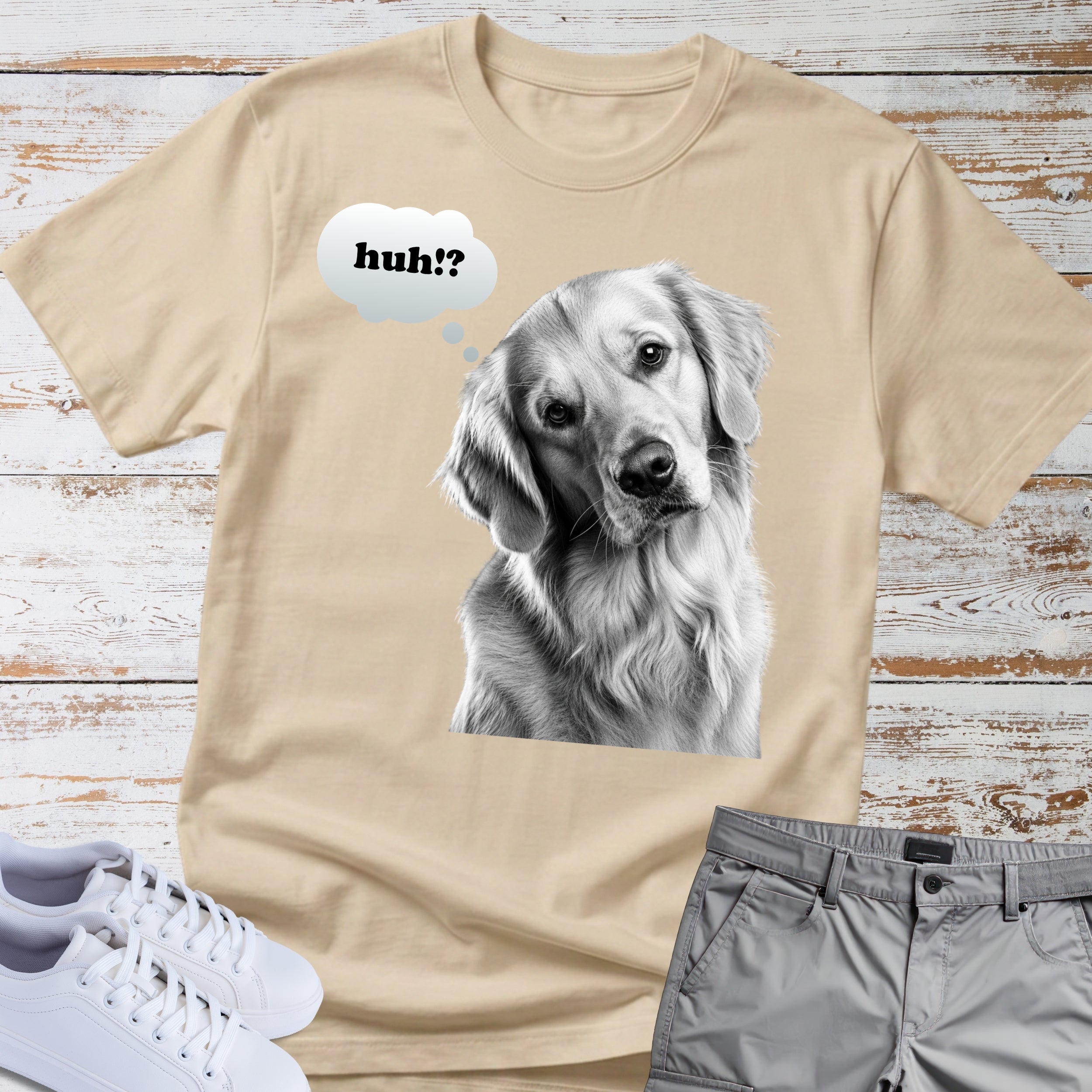 Golden Retriever "huh?" Thought Bubble T-Shirt