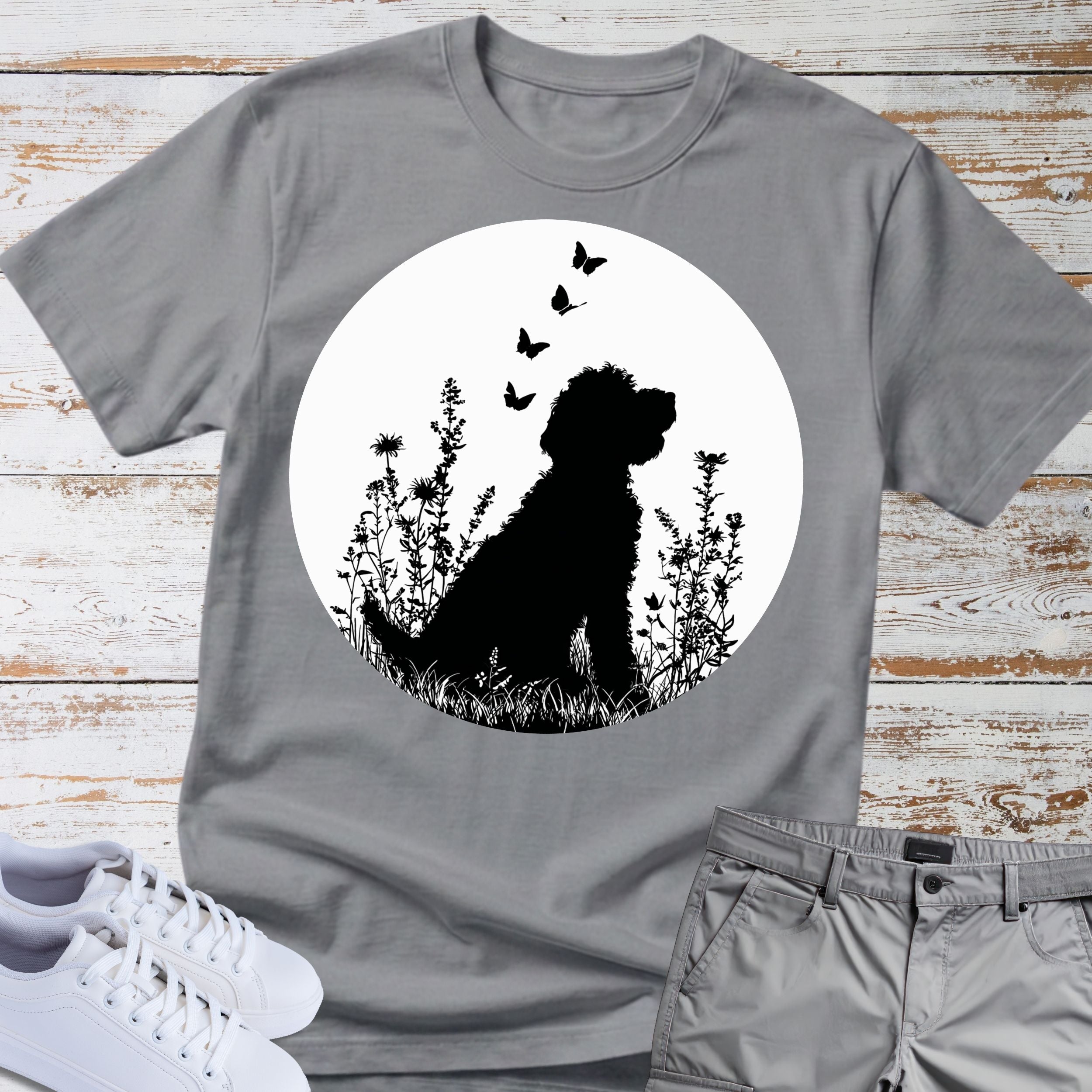 Goldendoodle Silhouette Floral Meadow Butterflies T-Shirt