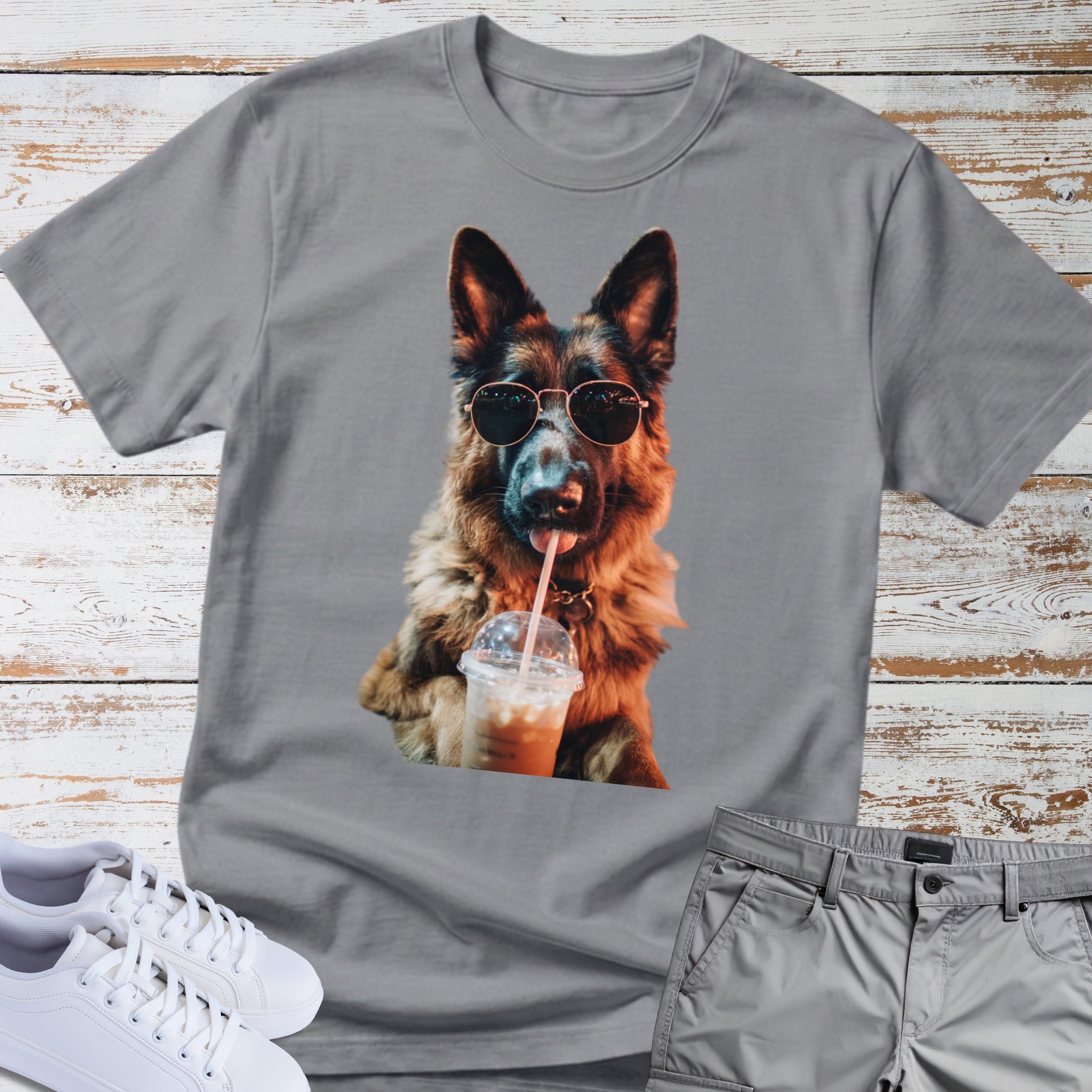 German Shepherd Drinking Iced Coffee T-Shirt