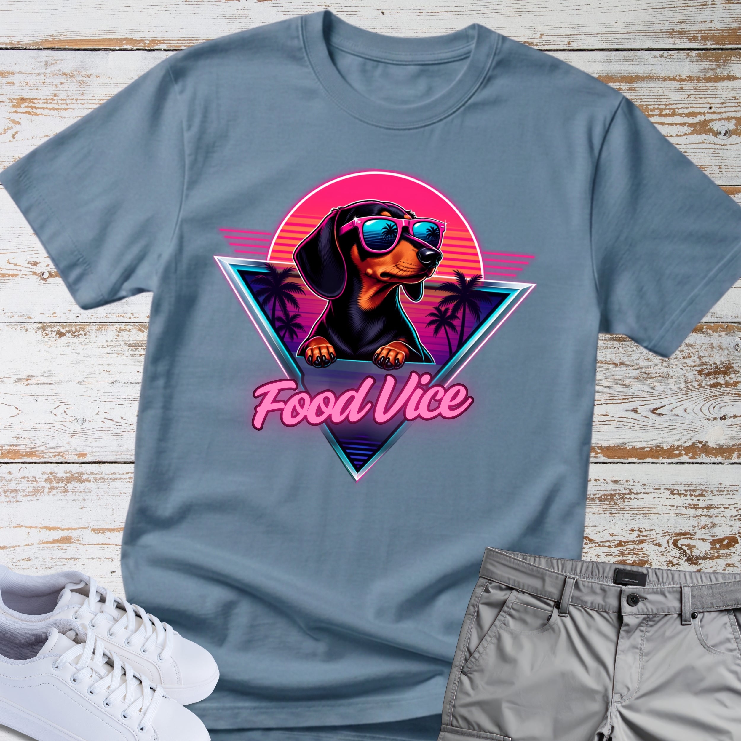 Dachshund Retro Tee — "Food Vice" Sunglasses Dog Graphic
