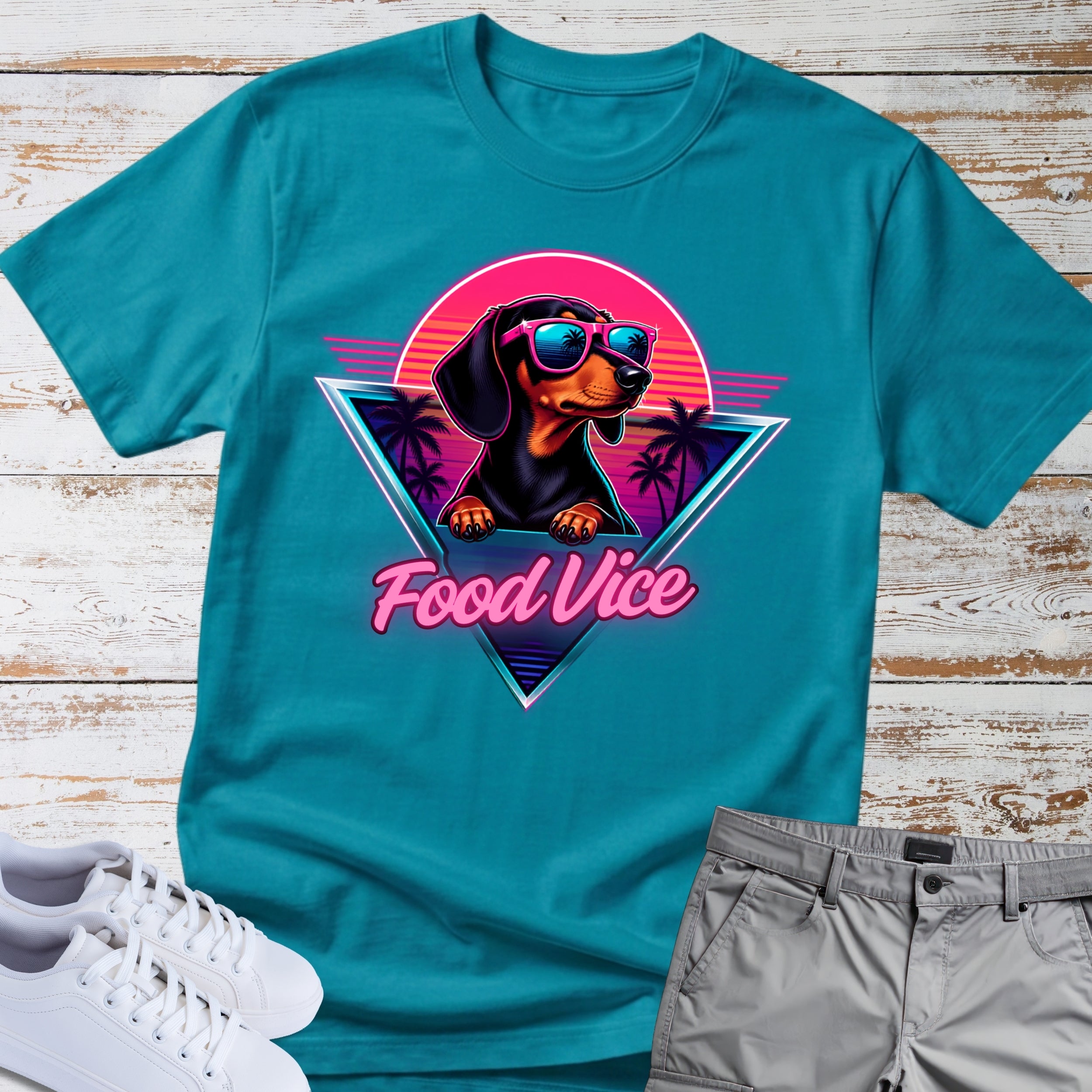 Dachshund Retro Tee — "Food Vice" Sunglasses Dog Graphic