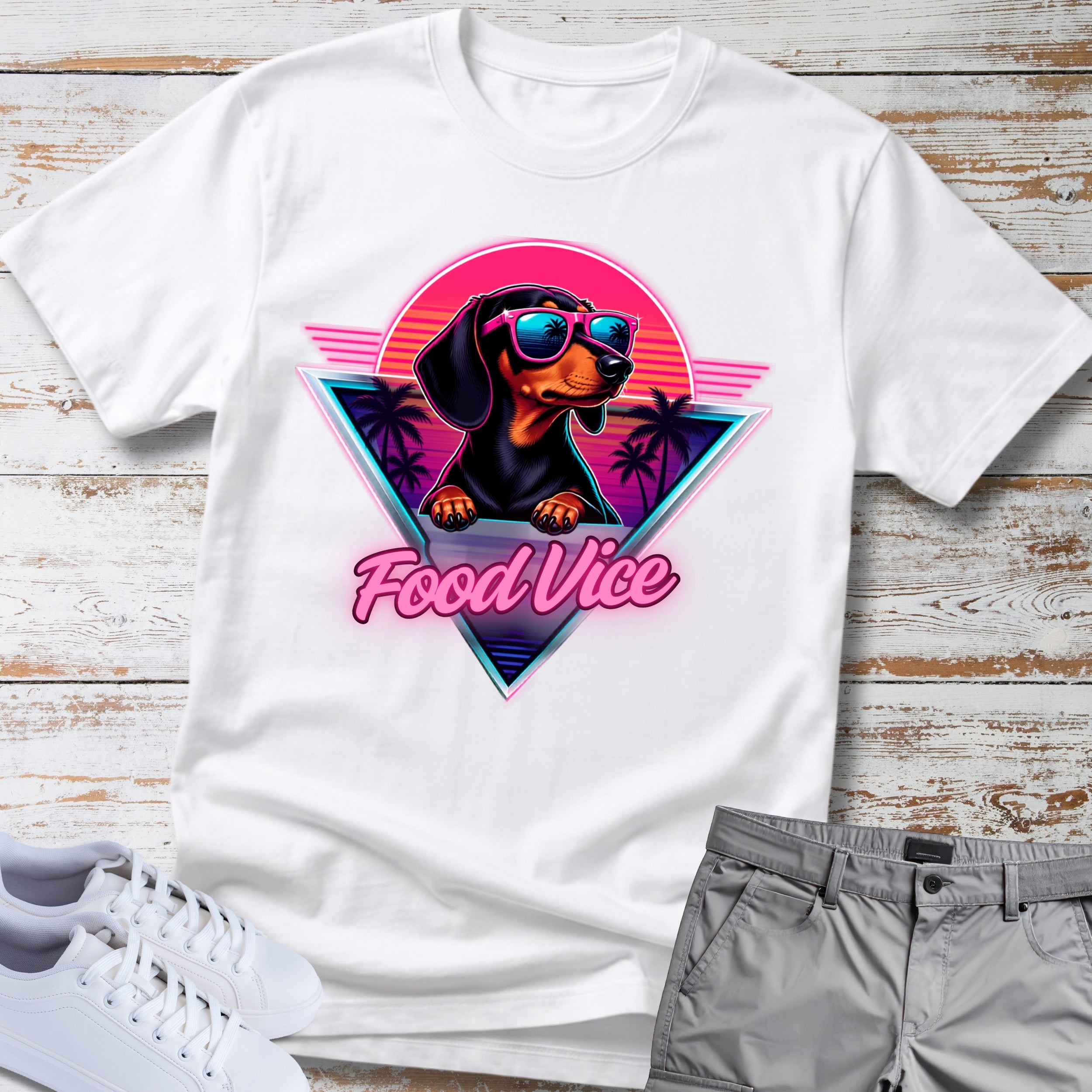 Dachshund Retro Tee — "Food Vice" Sunglasses Dog Graphic