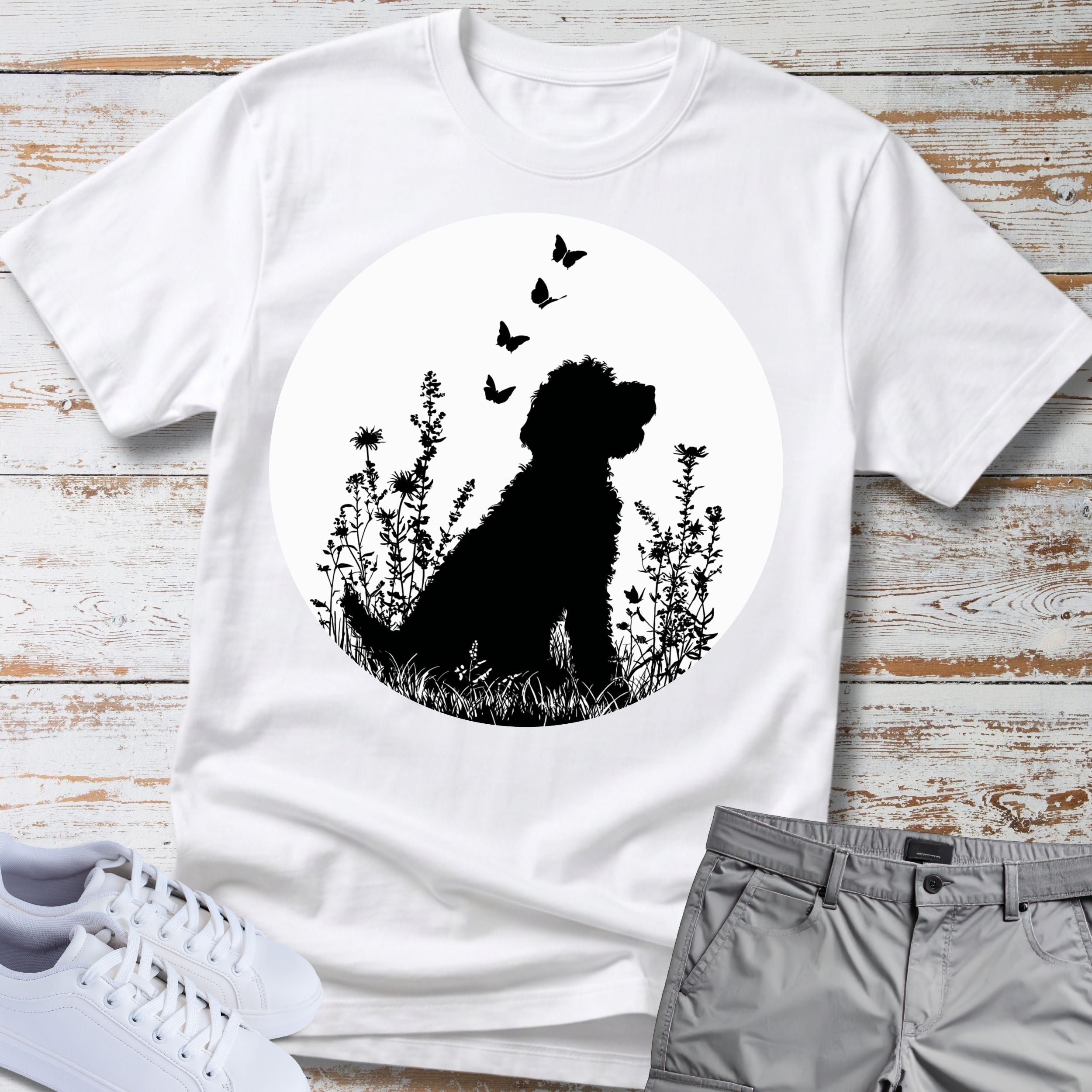 Goldendoodle Silhouette Floral Meadow Butterflies T-Shirt