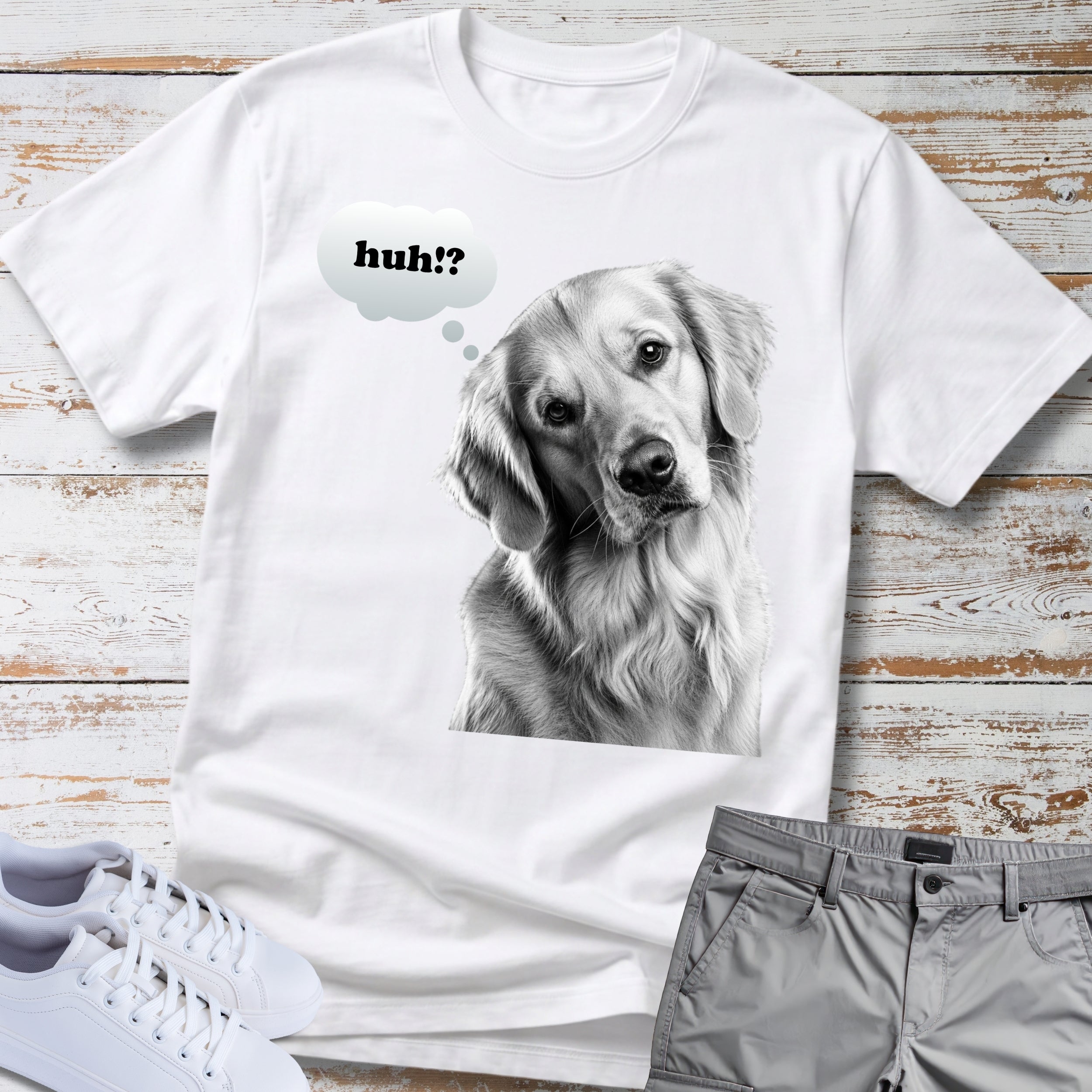 Golden Retriever "huh?" Thought Bubble T-Shirt