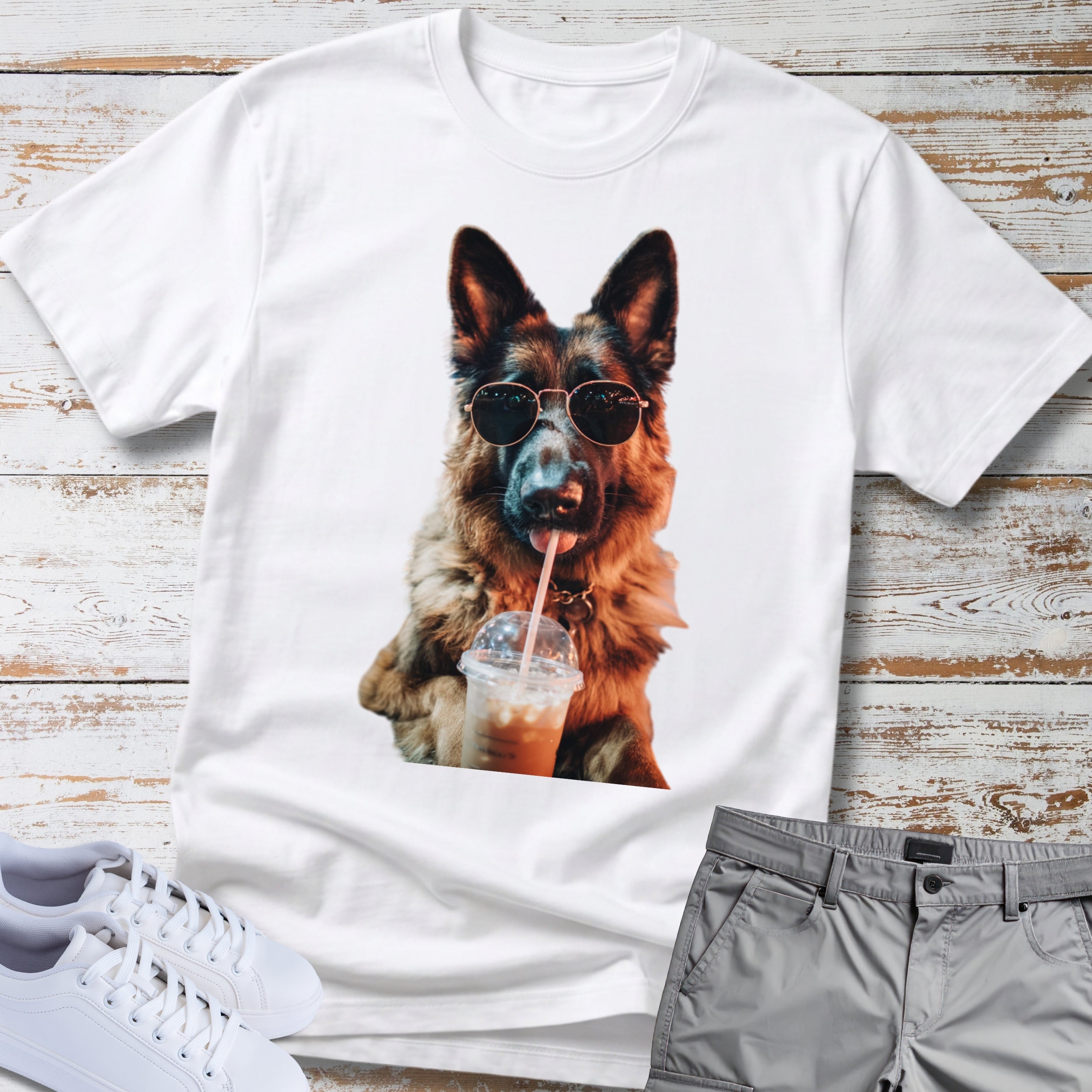 German Shepherd Drinking Iced Coffee T-Shirt